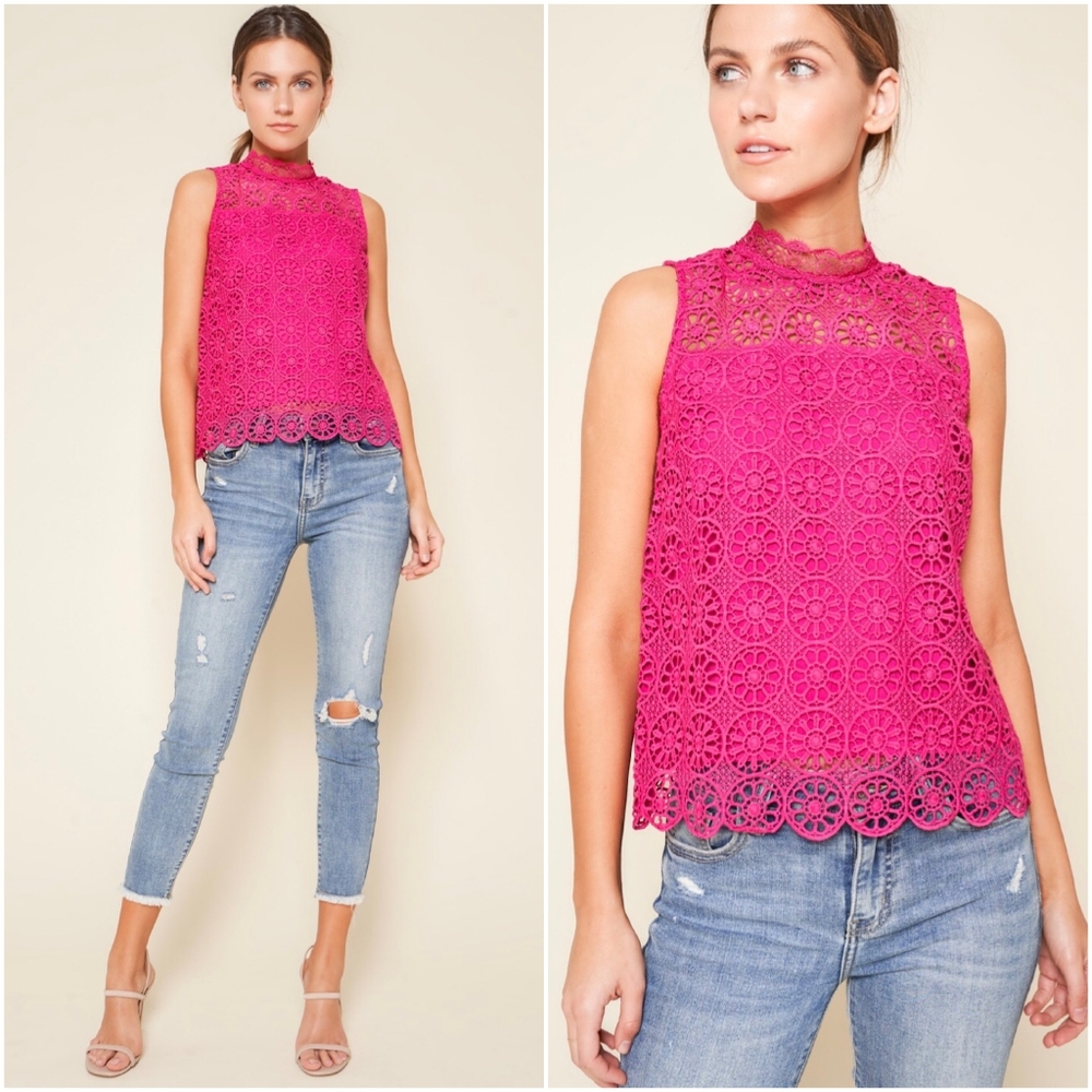 SUGAR + LIPS Boho Chic Hot Pink Crochet Sleeveless Top - Picture 7 of 7